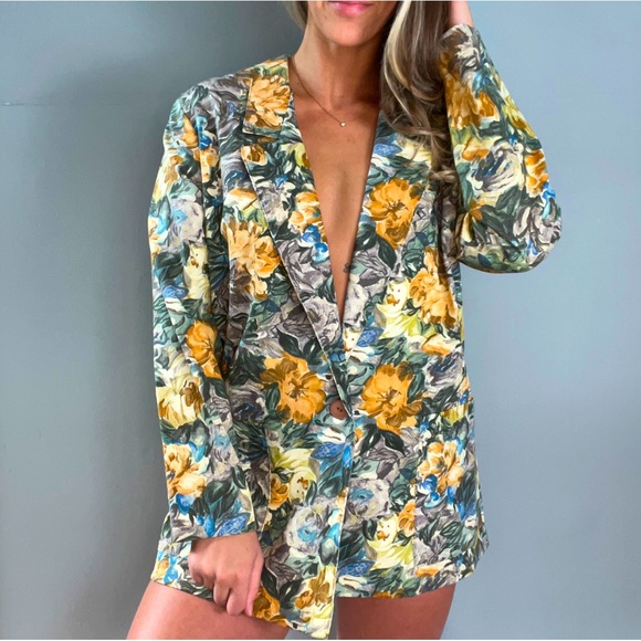 Vintage EUC French Navy Made in USA Longline Floral Blazer Jacket Coat - Picture 3 of 9